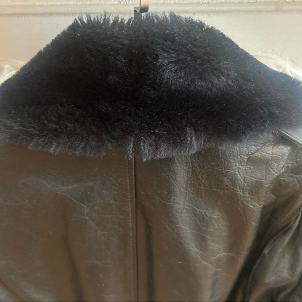 Black Leather Bomber Jacket with Fur Collar - Picture 9 of 11